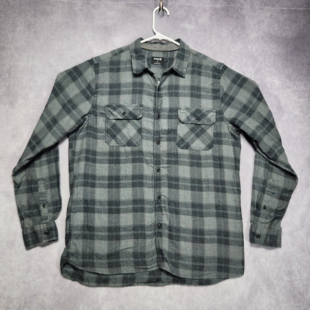 Hurley Mens Gray‎ Black Plaid Flannel Button Down Shirt size Large Long Sleeve